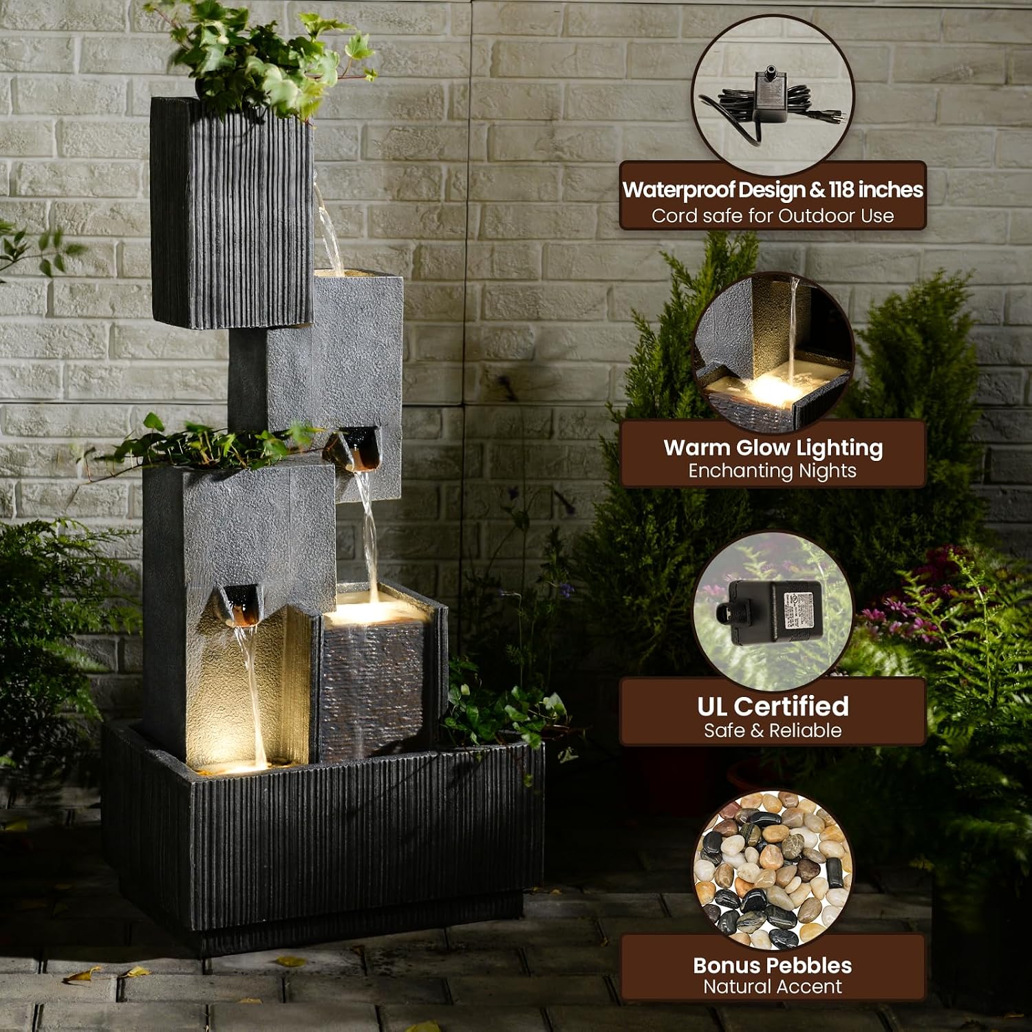 Tankana 42" H Outdoor Water Fountain Garden Waterfalls - Large Water Feature Geometric Stacking Waterfall Fountains Planter with Lights for Patio Backyard Deck Porch Deck and Home Decor, Gray