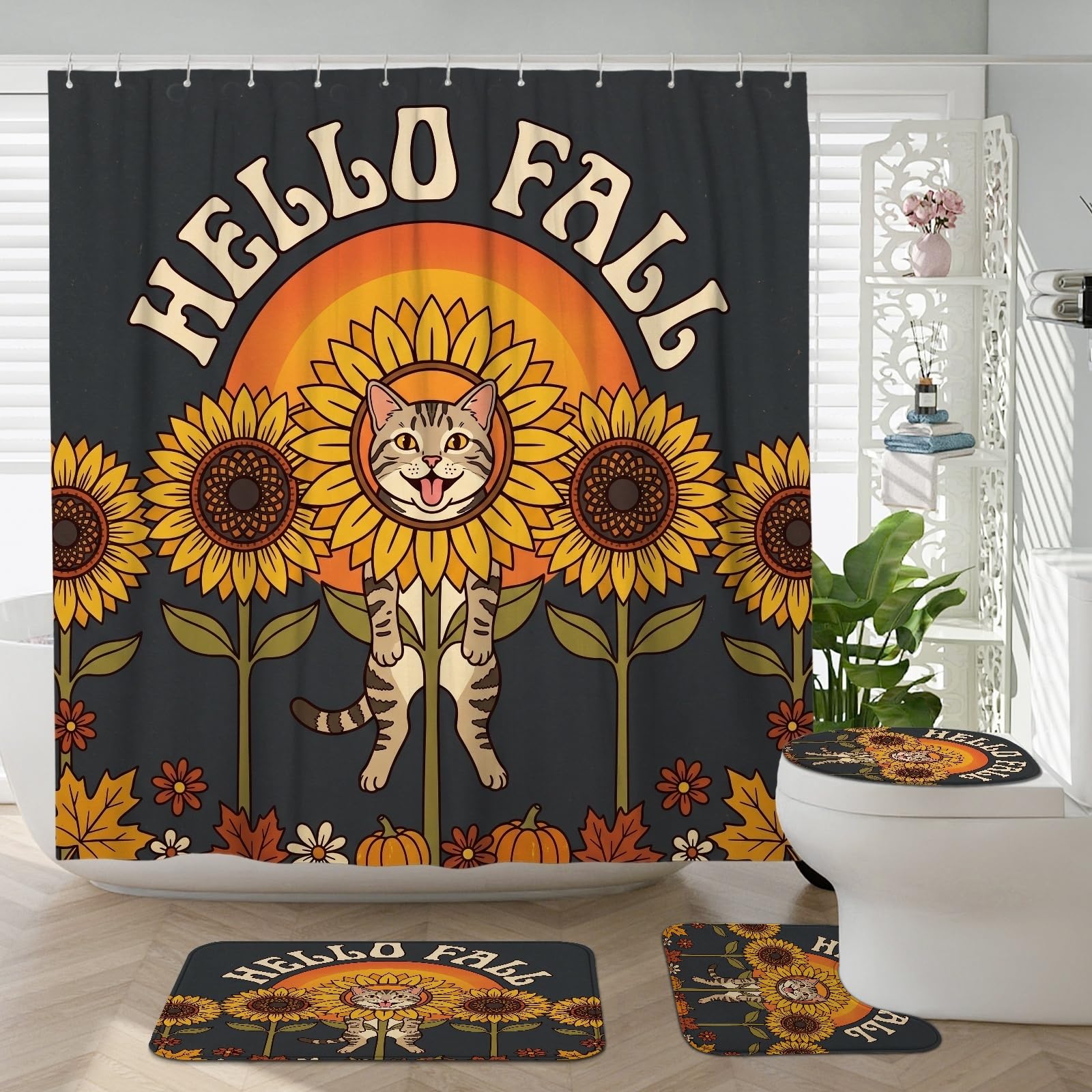 Tapis de couvercle de toilette chat et rideau de bain rétro tournesol d'automne