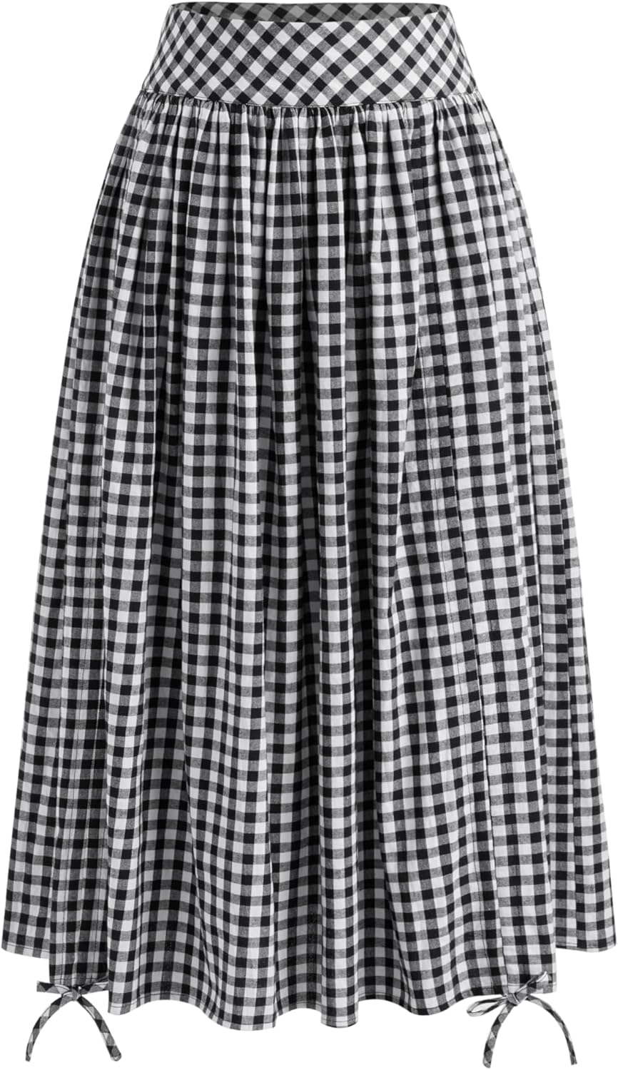 CIDER Skirts for Women Gingham Maxi Skirt Plaid A Line Mid Waist Drawstring Ruffle Hem Long Skirt Casual