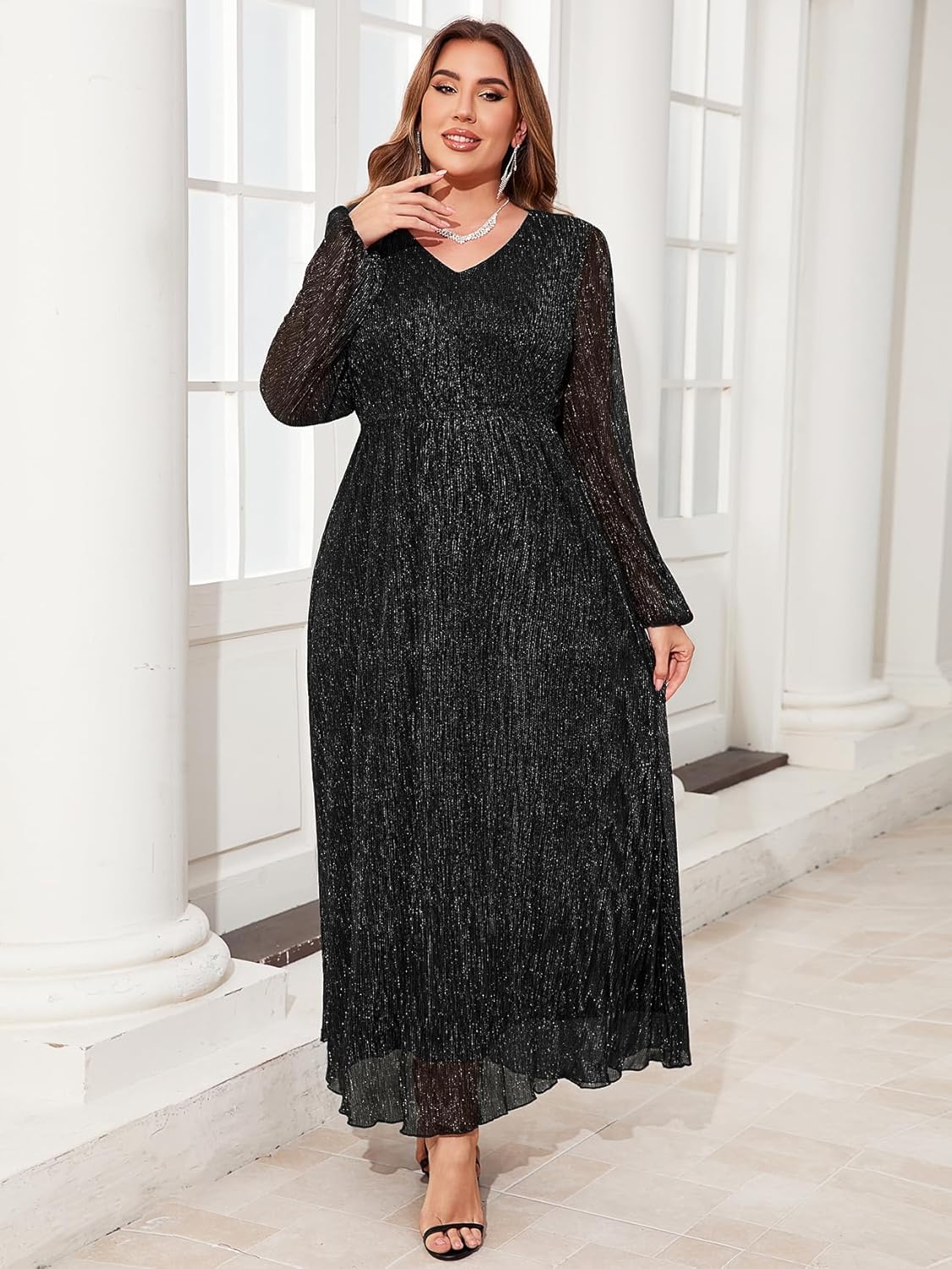 イブニングドレス Aライン Vネック チュール マキシレングス フォーマルパーティードレス - Milanoo.jp ZOMVA プラスサイズ 0X-4X キラキラメッシュマキシフォーマルドレス 長袖 Vネック Aライン 流れるようなドレス イブニン