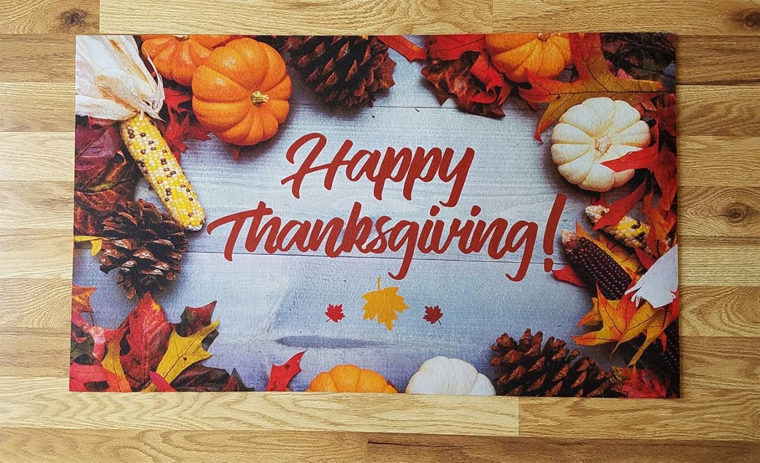 Harvest Fall Decor Happy Thanksgiving Door Mat with Pumpkins and Leaves for Outdoor and Indoor Use. 18" x 30" with Recycled Rubber Backing