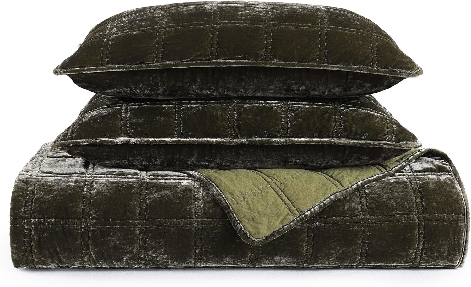 HiEnd Accent Stella Faux Silk Velvet Double Box Stitch 3 Piece Quilt Set, Full Queen Size, Fern Green Solid Color, Classic Chic Modern Rustic Elegant Bedding Set, Lightweight Bed Set