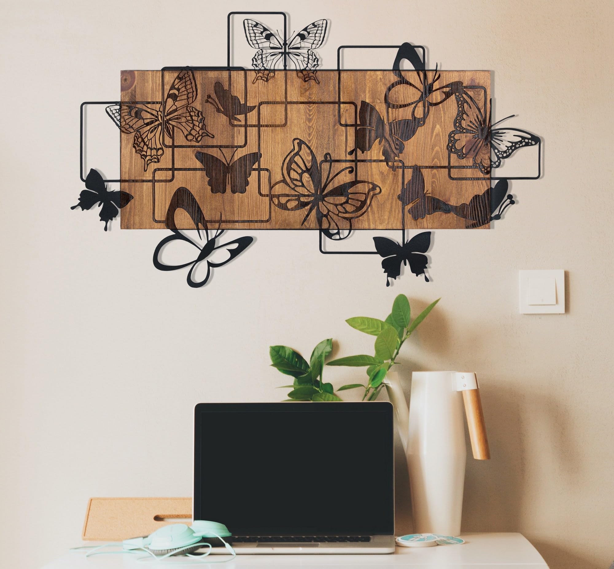 Elegant Decorative Wooden Wall Accessory, Black & Walnut, 73 x 42.5 cm, 100% Metal Frame (1.2 mm) & Solid Wood (3 cm), Perfect for Modern Decor
