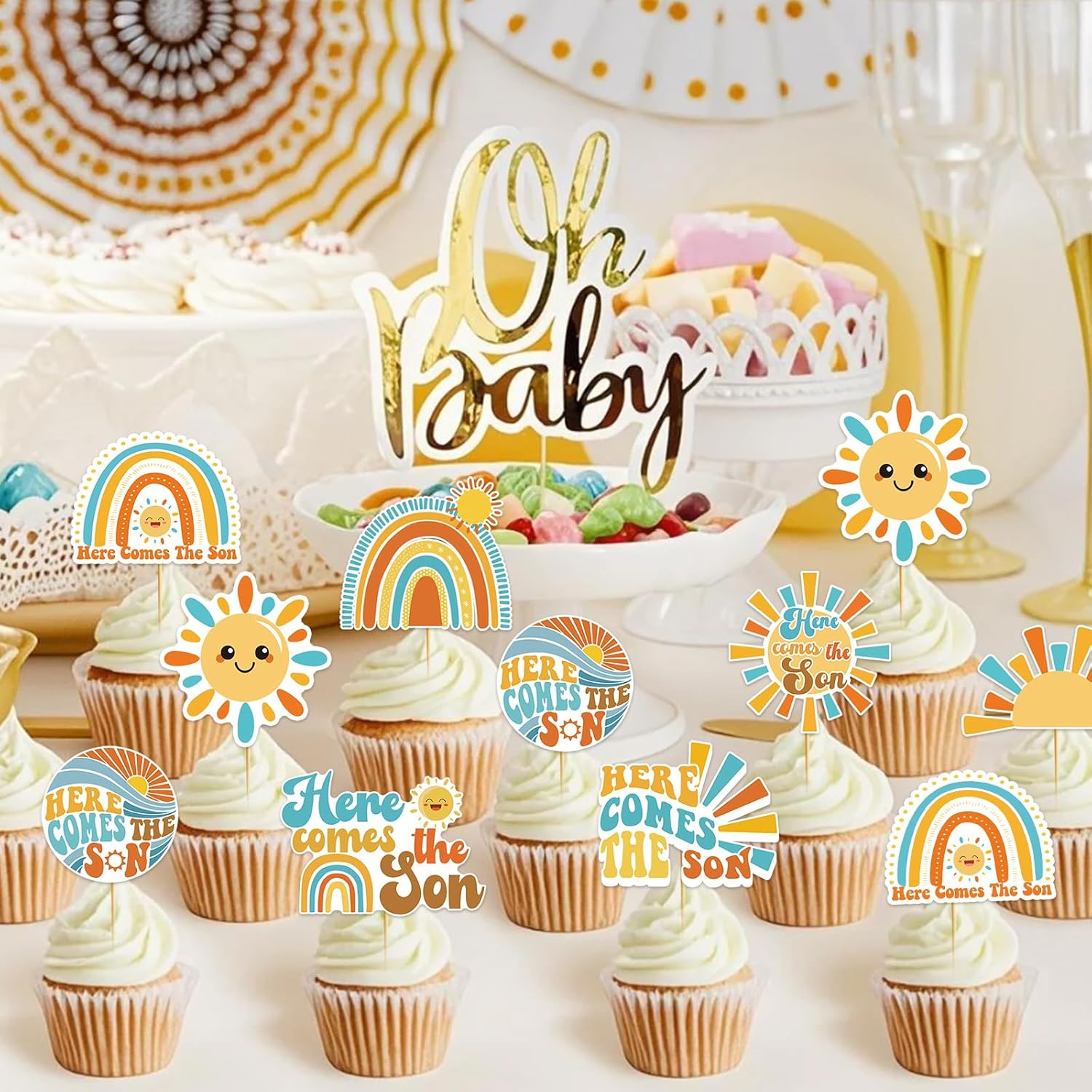 Here Comes the Son Cupcake Toppers, Here Comes The Son Baby Shower Decorations, Baby Shower Sun Cupcake Toppers, Sunshine Cake Decorations for Boho Sun Rainbow Party - Image 4