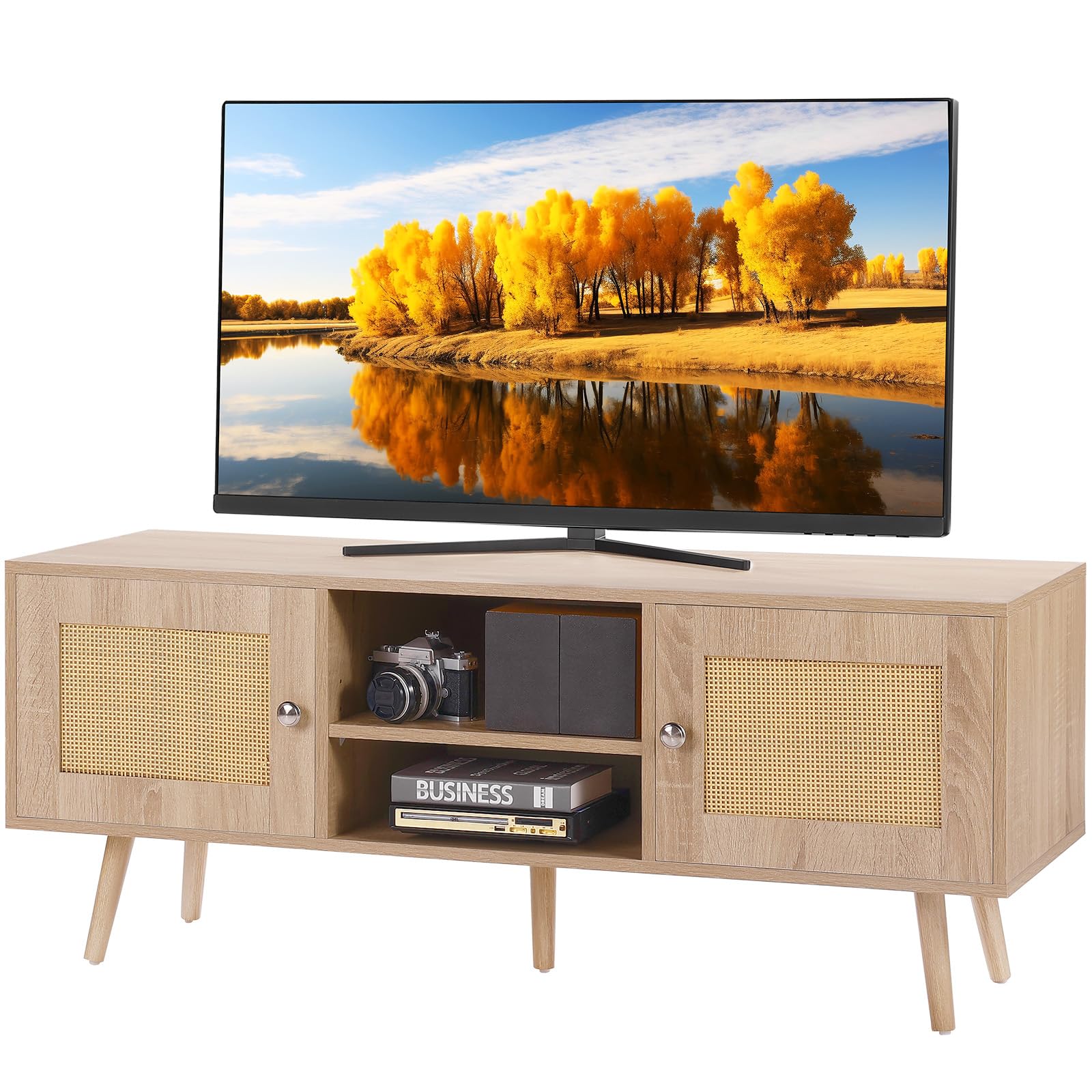 VEVOR Rattan-TV-Ständer, Fernsehschrank Boho-TV-Schrank für 140 cm Fernseher, Retro-TV-Ständer, Rattan-TV-Konsole mit verstellbaren Regalen & 2 Türen, für Wohnzimmer, Medienraum, Eiche