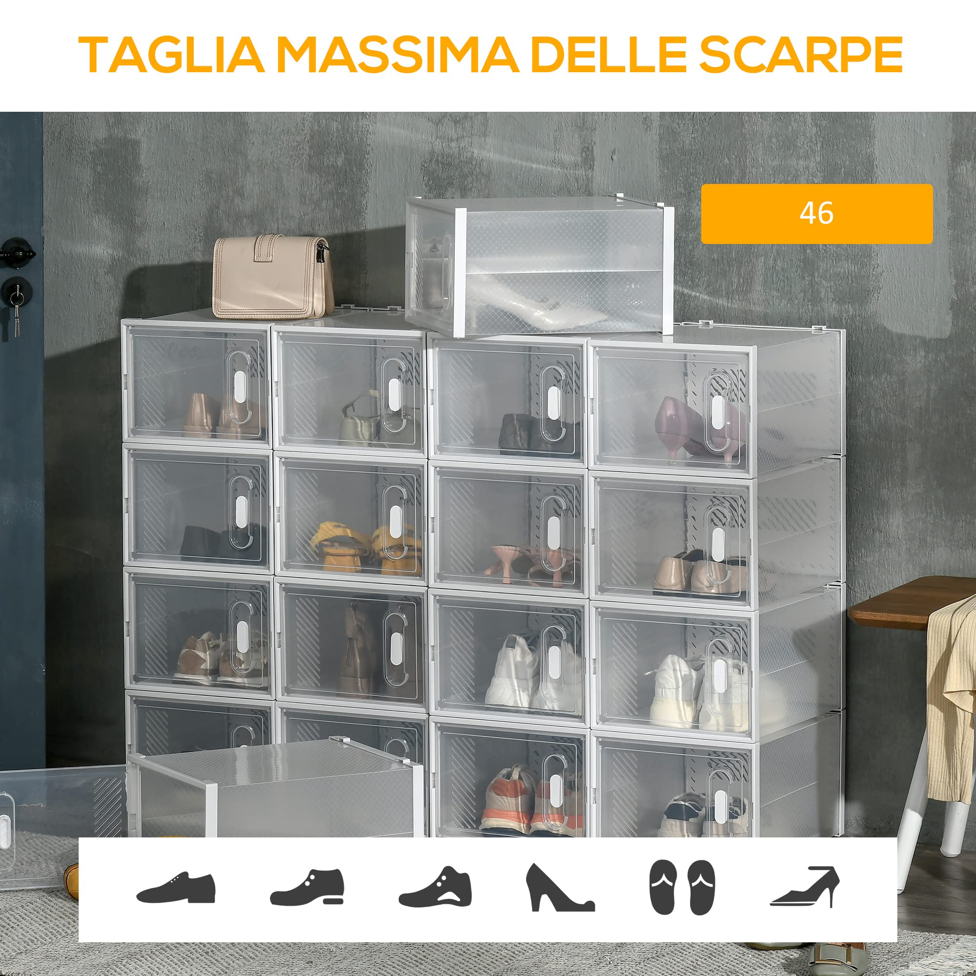 HOMCOM Mobile Scarpiera Modulare Salvaspazio per Interni con Fori di Ventilazione, 18 Cubi 28x36x21cm in Plastica PP, Bianco e Trasparente
