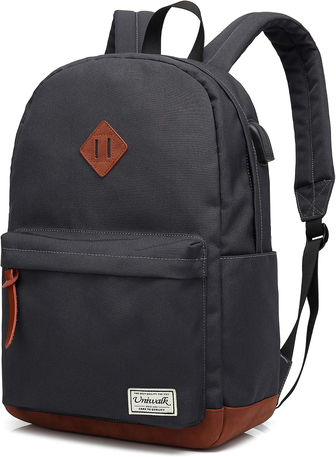 UNIWALK College Backpack, Water-resistent Laptop Backpack with USB Charging Port & Headphone Adapter for Men & Women Slim Anti-Theft Travel Bookbags Fits up to 14'' Computer 15'' Macbook - Gray