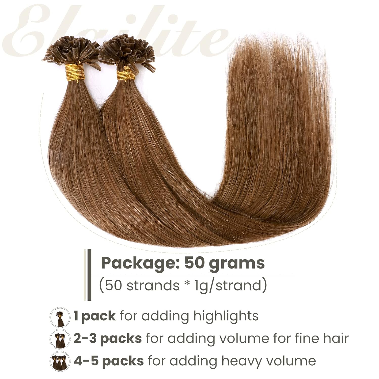 Elailite Keratin Bond Hair Extensions Human Hair V3.0 U Tip Glue 50g/50s #6 Chestnut Brown Heat Fusion 100% Real Seamless Silky Natural Straight for Women 20 Inch