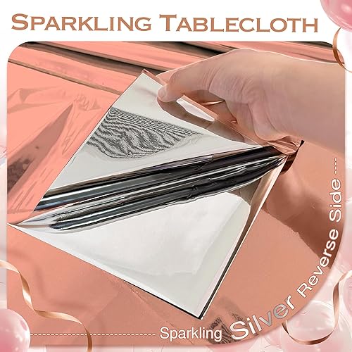 Miniatura 6 de 2 manteles de papel de aluminio color oro rosa de 54 x 72 pulgadas, manteles de plástico desechables impermeables para eventos elegantes, Oro