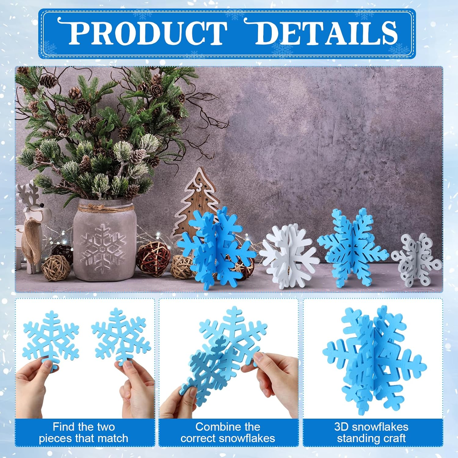 Wenqik 16 Pcs Winter Wooden Snowflake Decor Christmas Winter Snowflake Tabletop Decorations 3D Snow Table Signs Standing Centerpiece Xmas Tiered Tray Decorations for Party(Multicolored) - Image 5