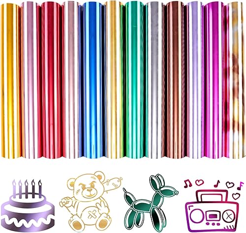 Tintnut Paquete de vinilo metálico de transferencia de calor, vinilo HTV cromado, 12 hojas de 12 x 10 pulgadas, vinilo holográfico dorado para