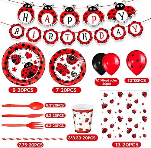 Miniatura 2 de Sumind Juego de 200 decoraciones de fiesta de cumpleaños con temática de mariquita, suministros para fiestas temáticas de mariquita, vajilla de