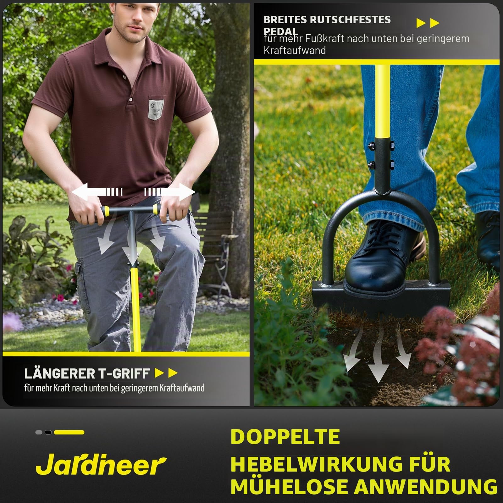 Jardineer Rasenkantenstecher mit Stiel, Kantenstecher Rasen mit doppelter V-förmiger Sägeklinge & T-Griff, Halbmond Rasenkantenschneider Rasenstecher manuell für Garten Rasenpflege