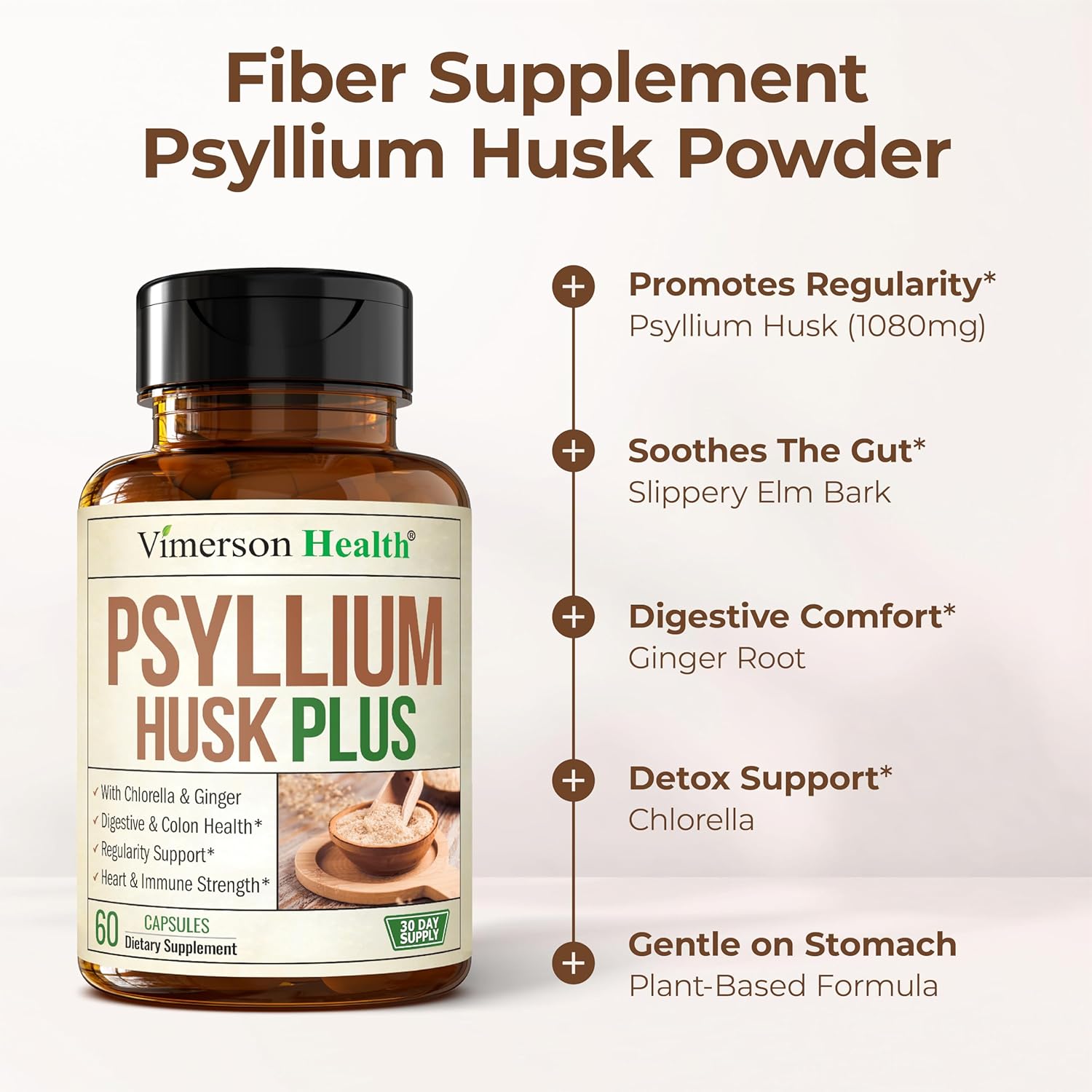 Fiber Supplement with 1080mg Psyllium Husk Powder, Slippery Elm for Women & Men, Ginger Root – High Fiber Pills for Regularity, Digestive & Gut Health – Gentle on Stomach 60 Psyllium Husk Capsules - Image 5