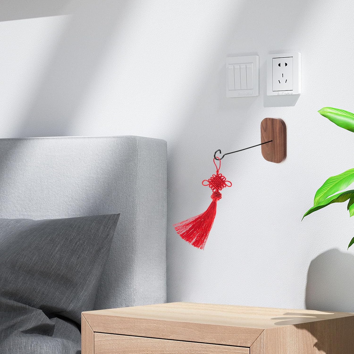 NUOBESTY Wall Mounted Hanging Planter Bracket and Wind Chime Hook, Self-Adhesive Walnut Wood Finish, No Drilling Required, Outdoor Balcony Plant Hanger for Garden and Patio Decor