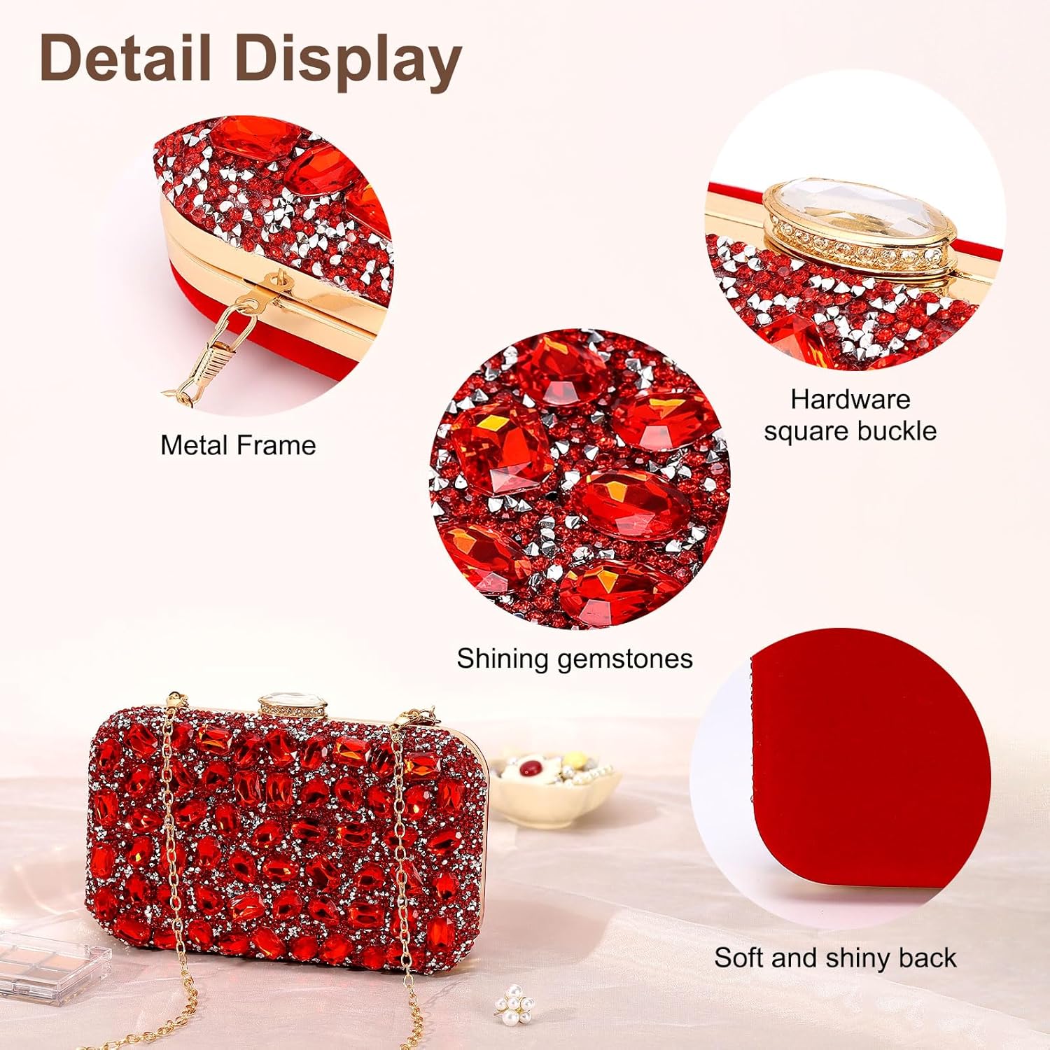 Evening Bags Clutch Purses for Women Formal, Gemstone Handbag Crystal Rhinestone Crossbody Square Bag with Chain Shoulder Bag Sparkly for Wedding Guest Party Red - Image 4