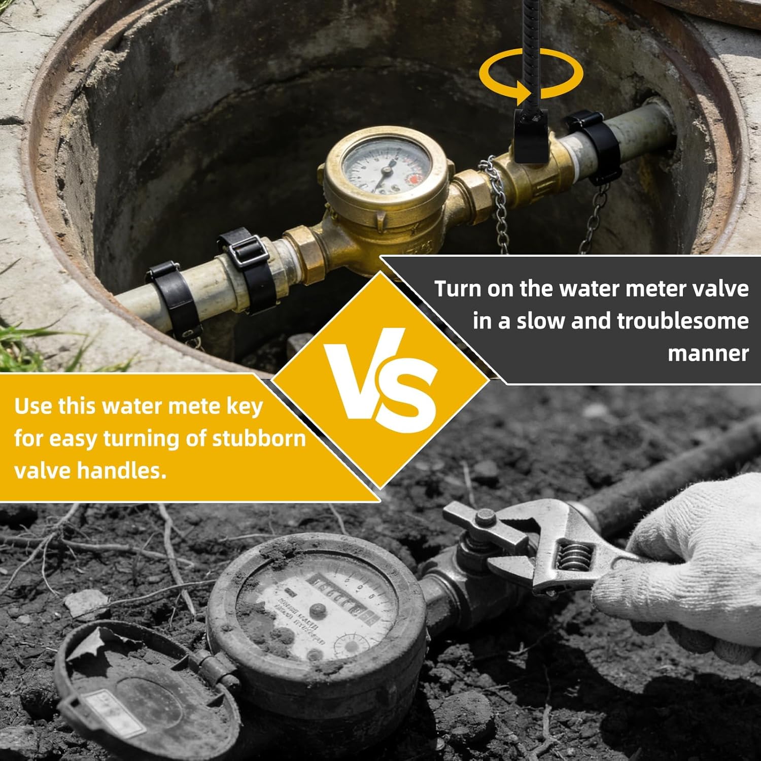 3rd Gen 17 Inches Water Meter Key with 4-Way Utility Key - Reinforced Rebar Steel T-Handle & U-Head Water Shut Off Tool for Underground Curb, Stop/Waste Valves & Water Meters
