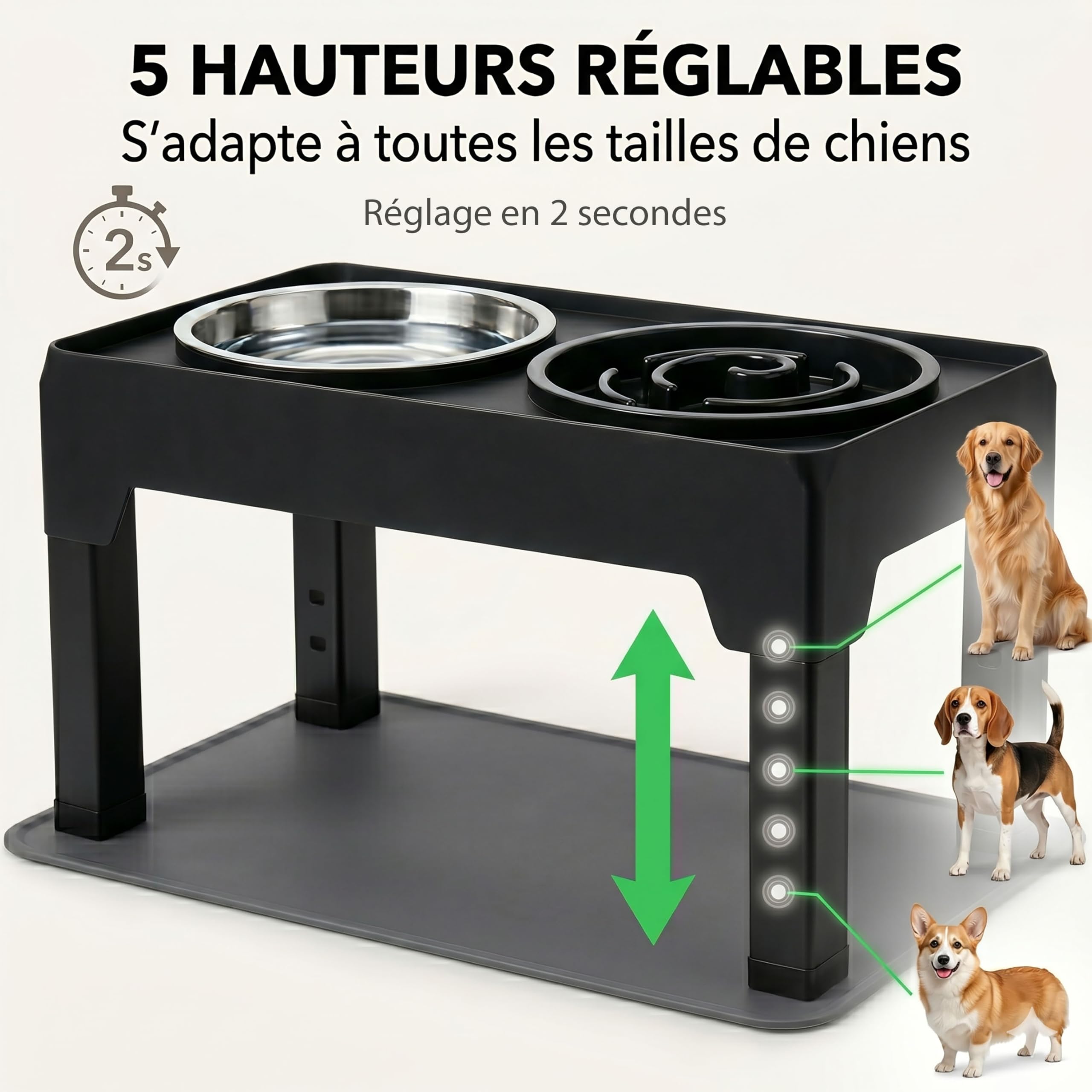 Gamelle Surélevée pour Chien Réglable – 5 Hauteurs Ergonomiques – Améliore Posture & Digestion – 2 Bols INOX 1200ml + Anti-Glouton 800ml – Tapis Antidérapant – Chiens Petits, Moyens, Grands
