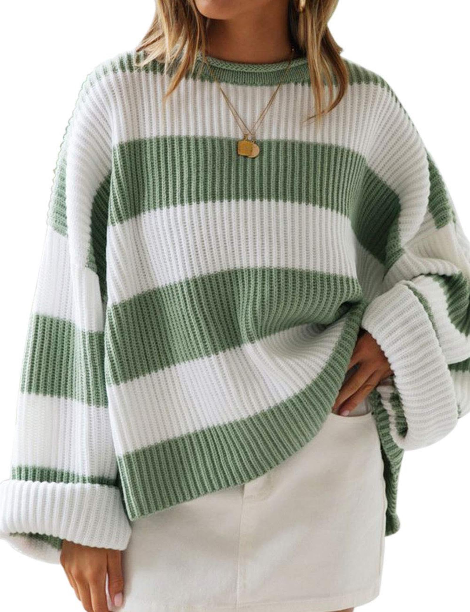 ZESICA Women's 2025 Fall Long Sleeve Oversized Striped Color Block Comfy Loose Crew Neck Knitted Pullover Sweater