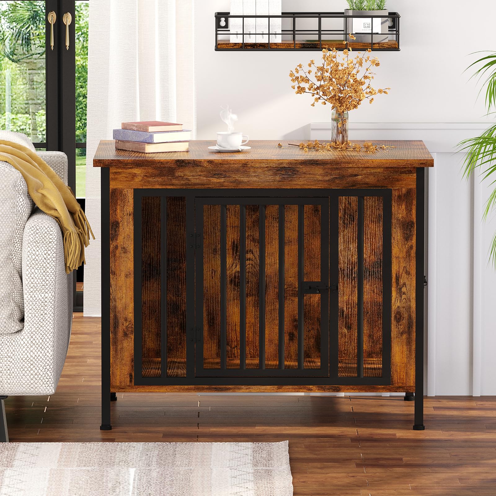 Hundekäfig Möbel mit 2 Türen, 80 cm Holz Hundekäfig für Kleine/Mittlere Hunde, Indoor Hundebox für Zuhause als Beistelltisch und TV-Ständer, 80 x 57 x 71 cm, Braun