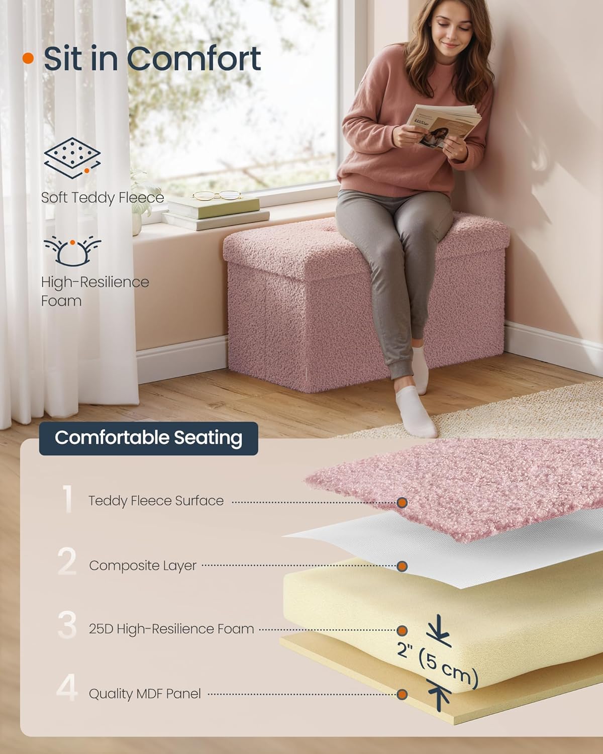 SONGMICS Storage Ottoman Bench, Storage Chest, 15 x 30 x 15 Inches, Foot Rest Stool, End of Bed Bench, Load up to 660 lb, for Living Room, Bedroom, Entryway, Jelly Pink ULSF096R01