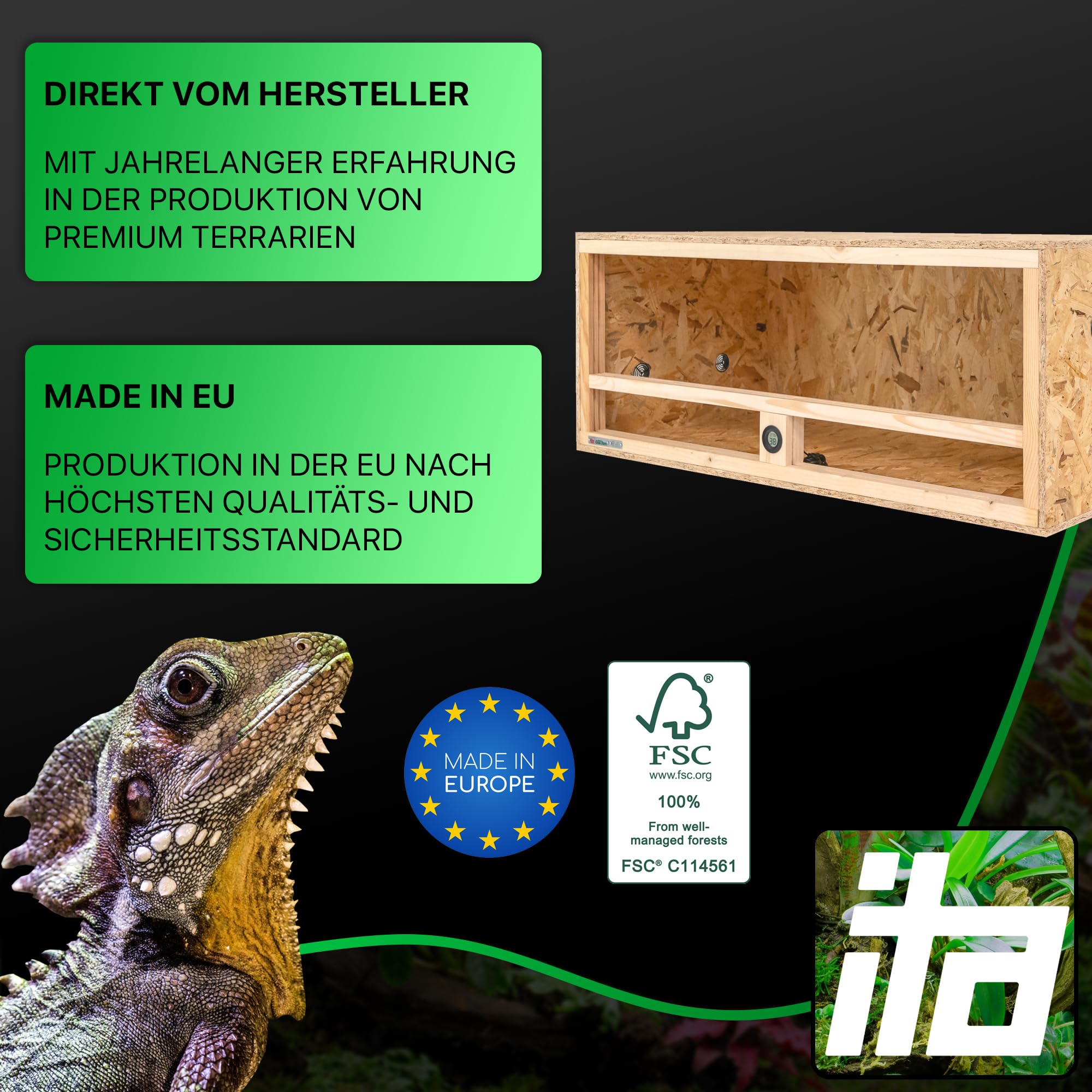 ITA Holz Terrarium 100x50x40 cm mit Seitenbelüftung & Integriertem Hygrometer - Holzterrarium aus OSB-3 Platten - Terrarien für Reptilien, Schlangen, Amphibien - EU Produkt, FSC Zertifiziert