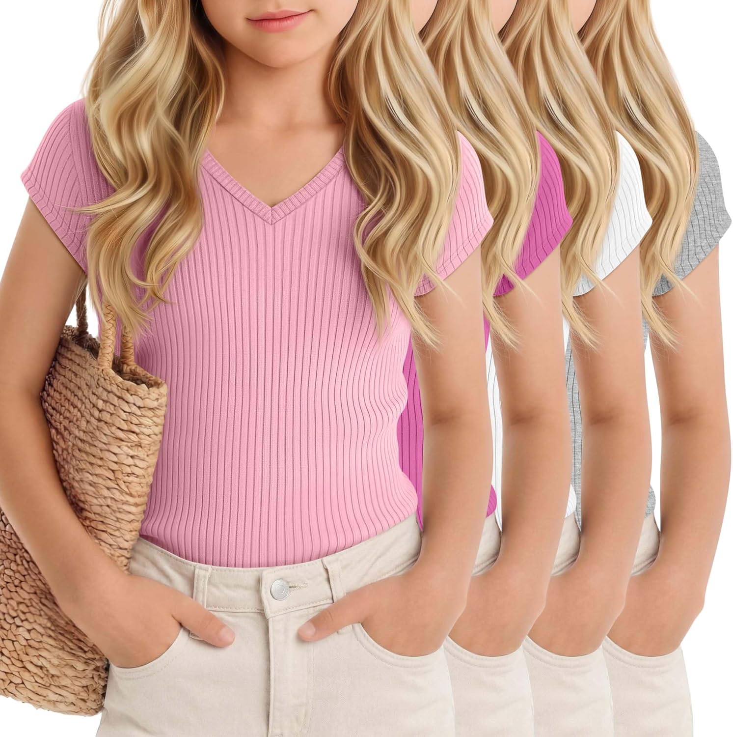 Oakgarden 4 Pack Girl's Short Sleeve Shirts Ribbed V Neck Cap Sleeve Tops Casual Slim Fit Multipack Tees Summer 5-14 Years