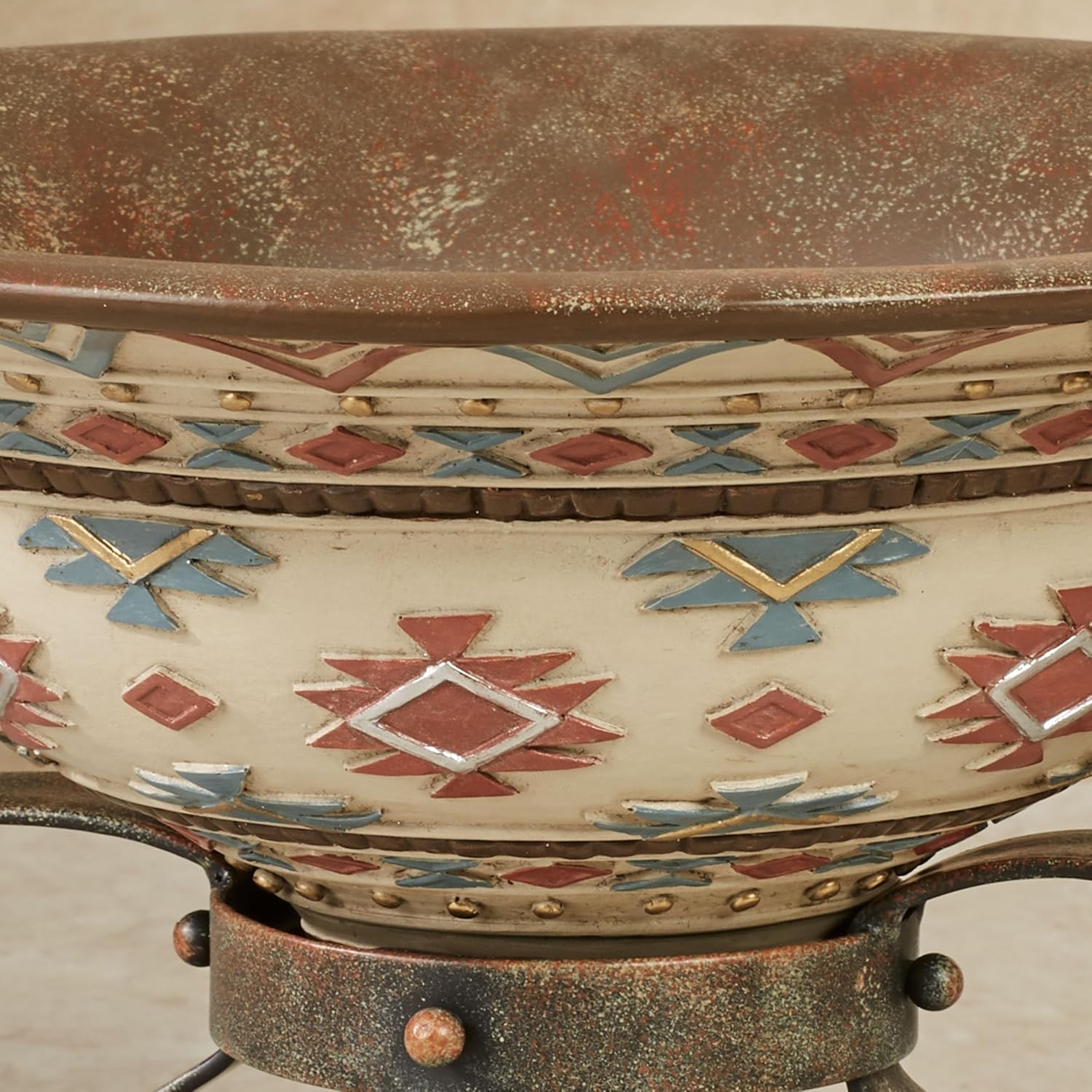 Onawa Southwest-Inspired Centerpiece Set | Handpainted Russet Red, Blue, and Ivory Southwestern Geometric Diamonds | Mottled Brown Metal Elevated Pedestal Base Stand and Decorative Resin Bowl Design
