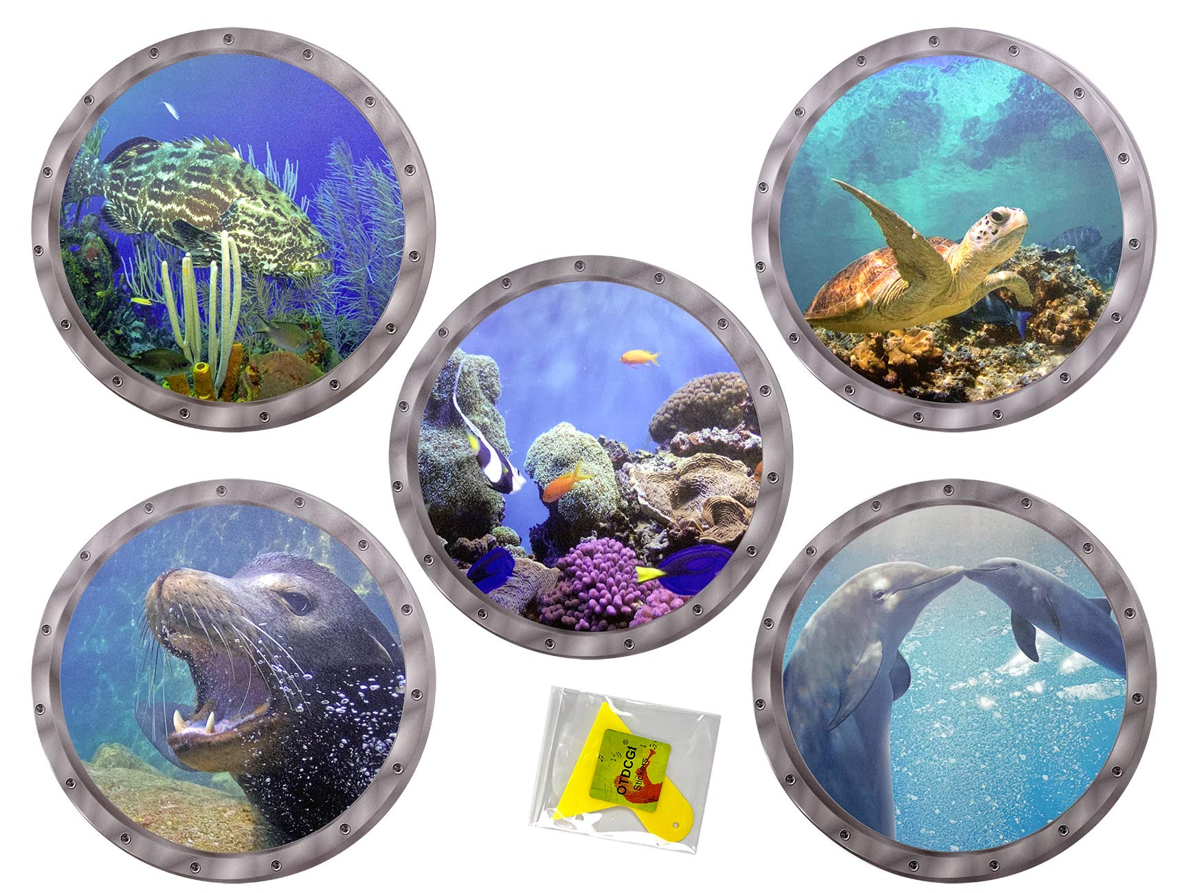 Ocean World Wall Window Stickers, 11 Inches Porthole 3D Sea Turtle, Shark, Dolphin Window Sticker Wall Window Decor (Set of 5)