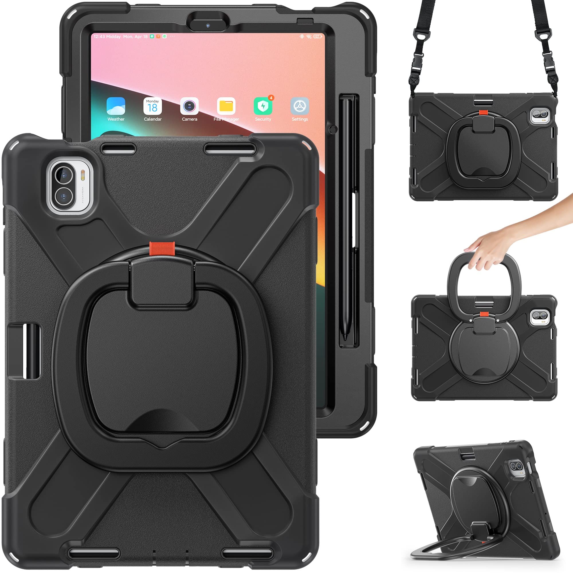 Podróż na tablecie Odporny na wstrząsy ciężki TPU Obudowa dla Xiaomi Mi Pad 5/MIPAD 5 Pro 11-calowa 2021, Obrotowy uchwyt ramię, ochronną osłonę odporną wstrząs uderzenie(Noir)