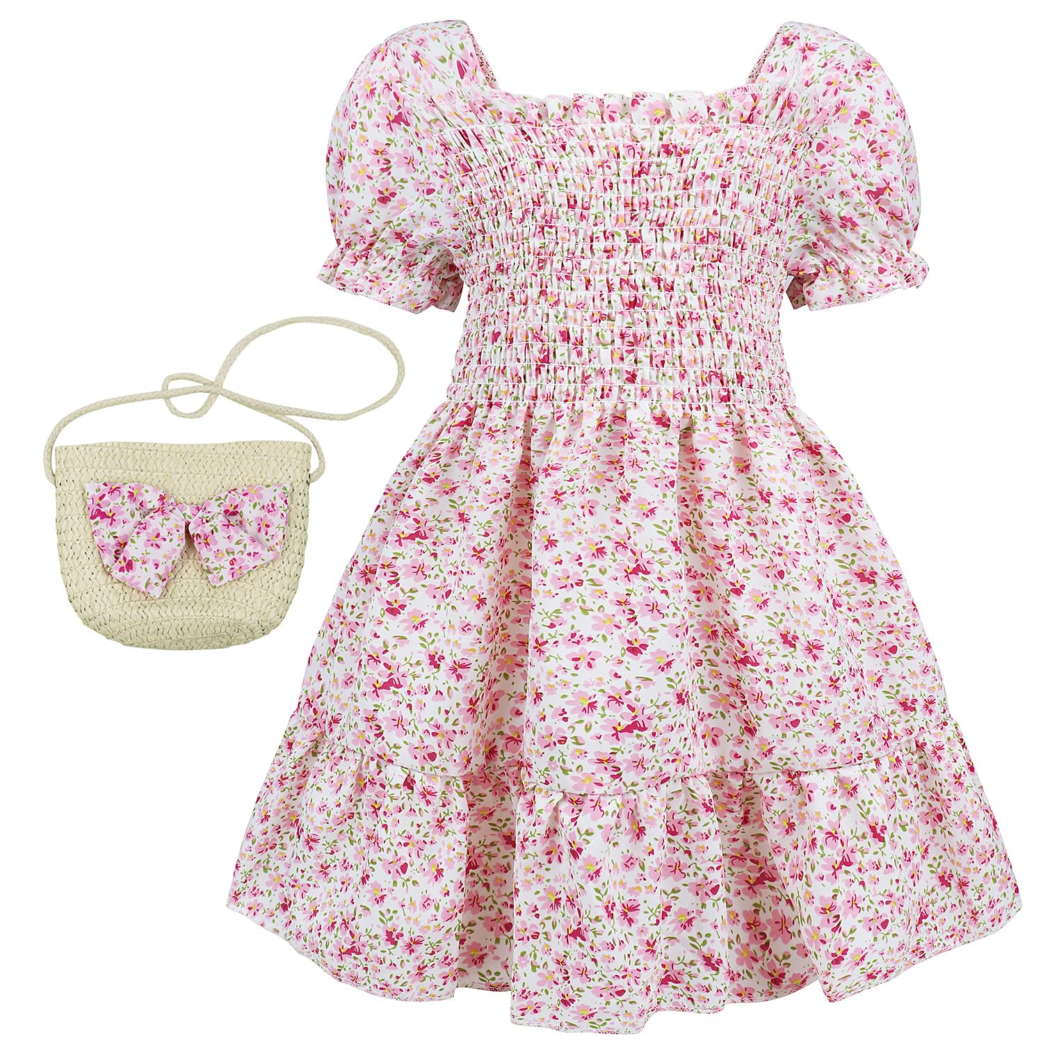 AGQT Toddler Girls Floral Dress Square Neck Puff Sleeve A-Line Smocked Dress with Bag Toddler Girls Summer Dress 12M-7T