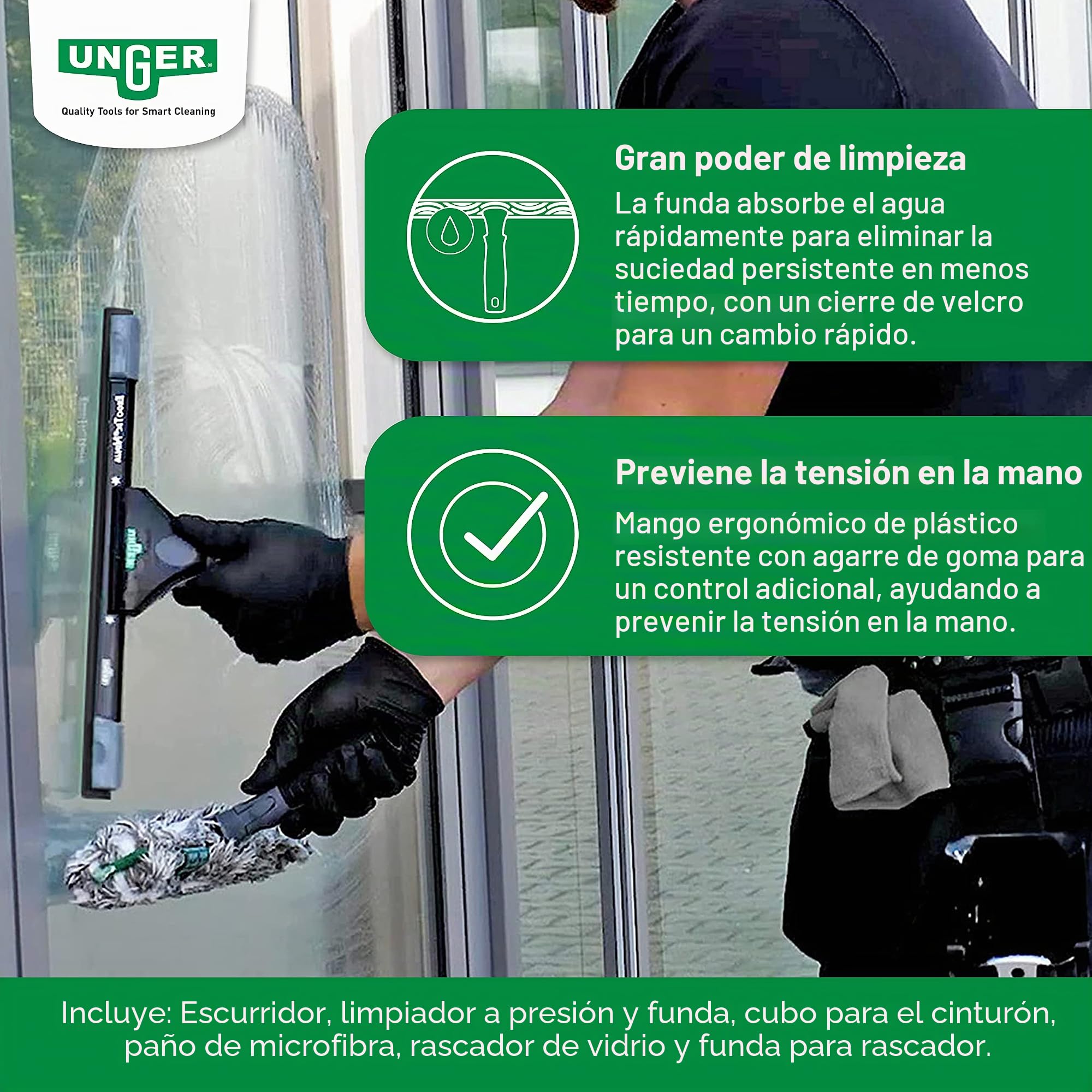 UNGER ErgoTec - Juego completo de limpieza de ventanas Ninja 6 en 1 (limpiador de 35 cm, limpiador de ventanas de 35 cm, paño de microfibra, raspador de cristal, funda, depósito en un cinturón,