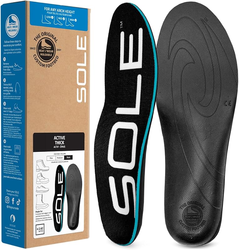 SOLE Active Thick Insoles - Custom Moldable, Multiple Sizes | Orthotic Support for Any Arch Type, Plantar Fasciitis Relief, Thick Cushioning for Footwear with Extra Interior Space, 1 Pair