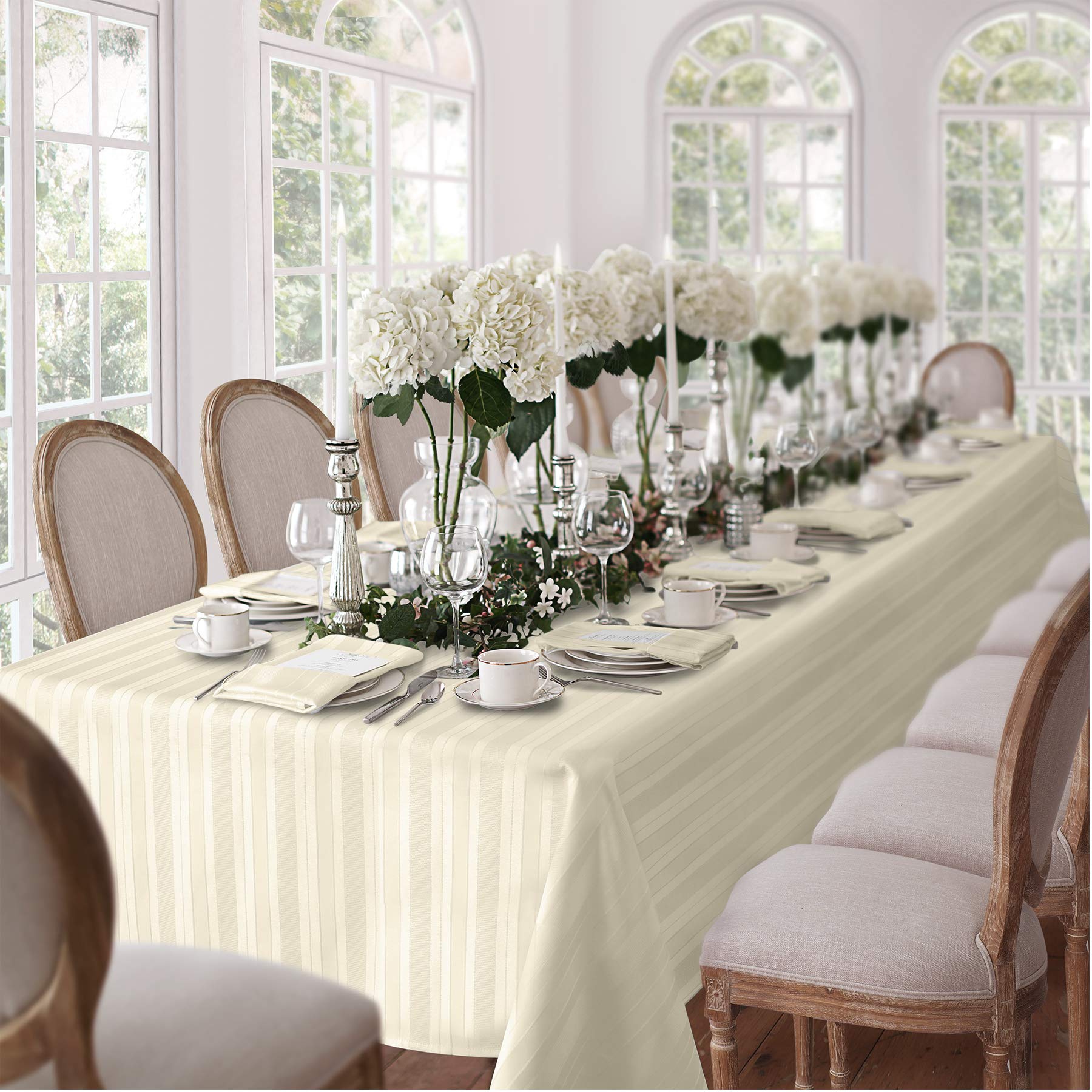 Newbridge 60 x 120 Inch Rectangle Ivory Fabric Tablecloth, Denley Satin Stripe, 100% Polyester, No Iron Soil Resistant Dining Room, Heavy Weight Party Table Cover