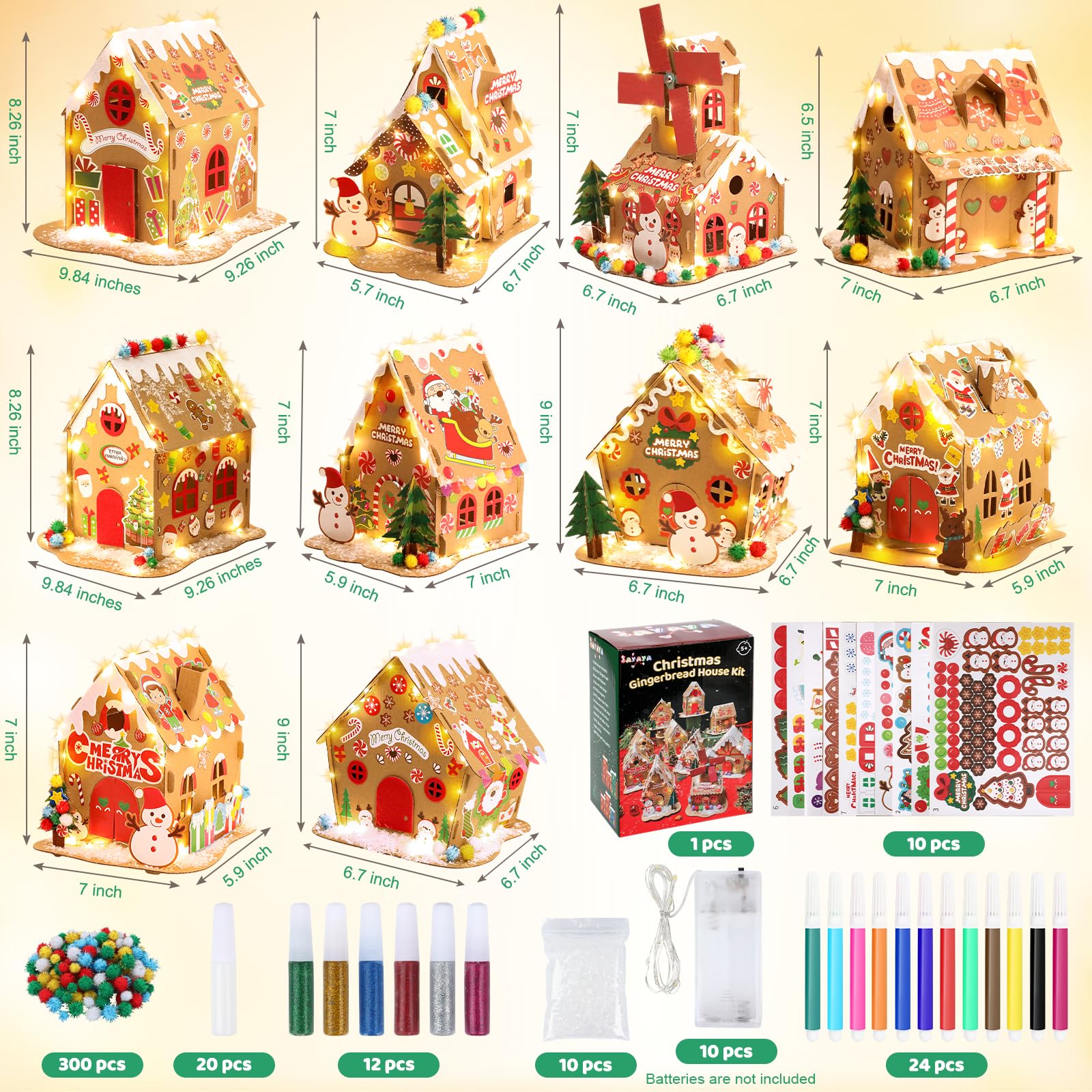 SAYAYA 10 juegos de casa de jengibre de Navidad LED a granel DIY tu propia casa de jengibre de Navidad con pompones, calcomanías, cuerdas de luz, bolígrafos kit de manualidades para Navidad
