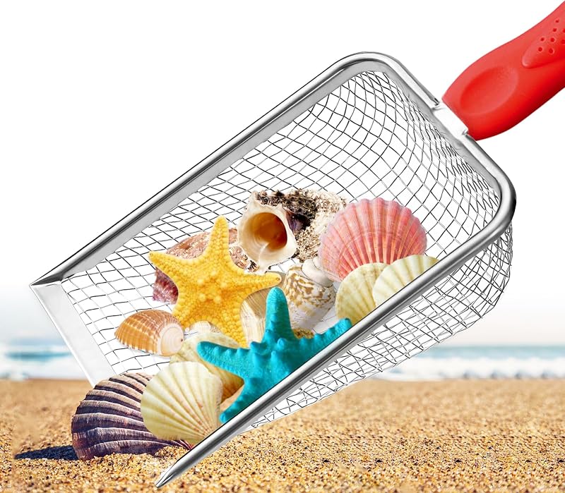 Beach Mesh Shovel,Sand Sifter Tool for Shell Collecting with Durable Mesh Net - Kids Sand Scoop for Picking Up Shells - Beach Toys (Red)