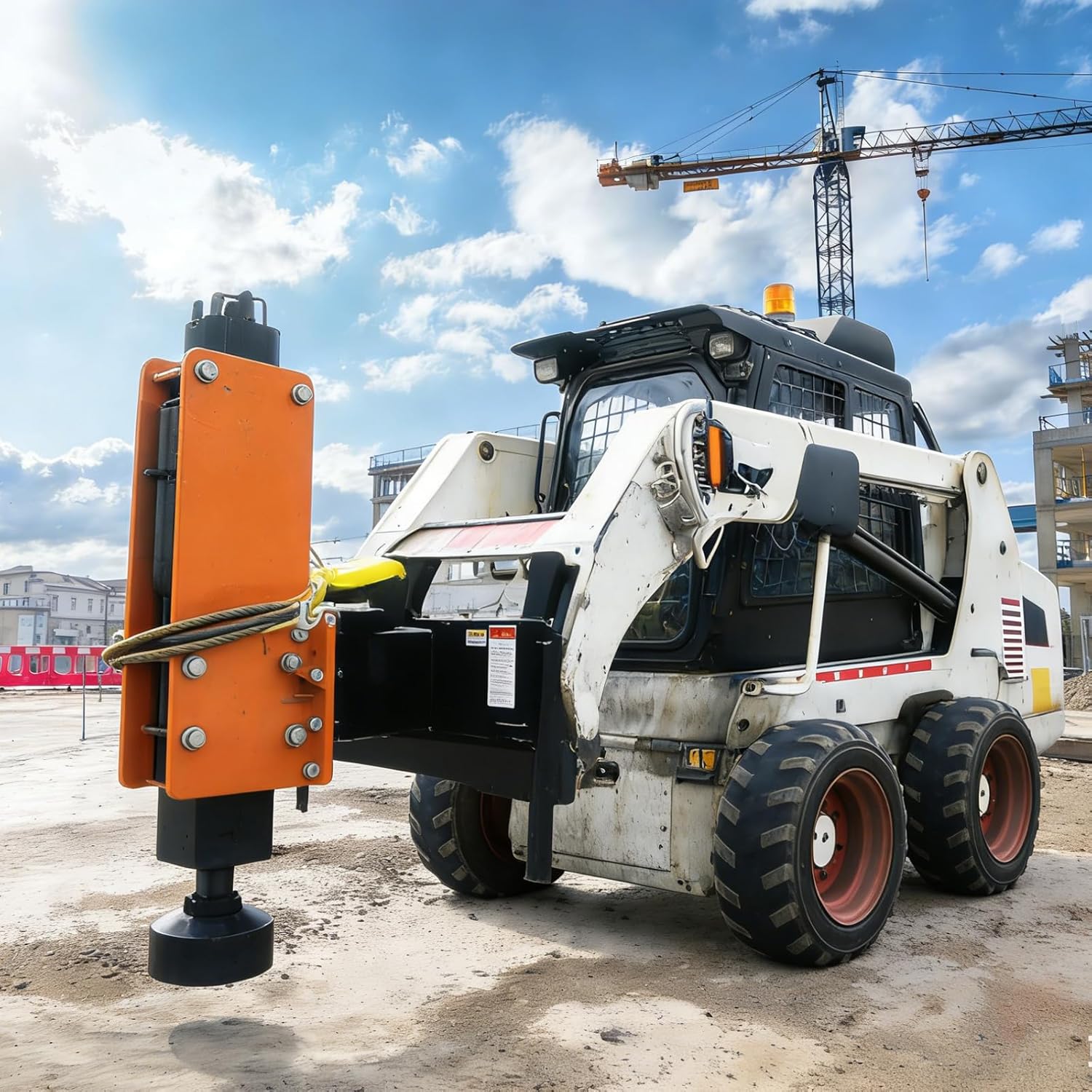Skid Steer Post Driver Attachment 1150 lbs Energy Class 13-24 GPM Hydraulic Flow Nitrogen Charged Power Cell Steel Frame for Skid Steer Loaders