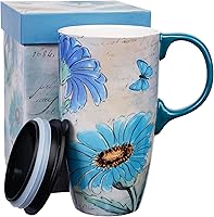 Vista 10 de Taza de viaje de cerámica de girasol de Topadorn con tapa y caja de regalo a juego, taza de café latte, 17oz. Hola, sol