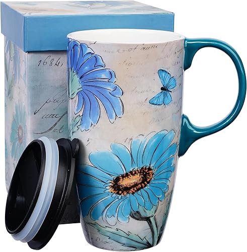Miniatura 10 de Taza de viaje de cerámica de girasol de Topadorn con tapa y caja de regalo a juego, taza de café latte, 17oz. Hola, sol