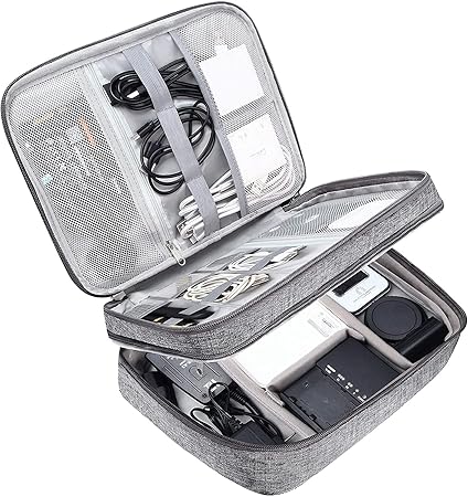 PETRICE Gadget Organizer Travel Cable Accessories Bag Double Layer Electronics Organizer Portable Storage Case for Cable, Cord, Charger, Adapter, Power Bank, Hard Drives - Grey