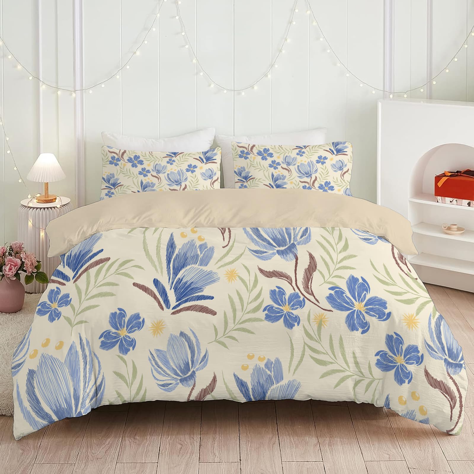 Housse de couette 220x240 en microfibre vintage bleu et beige