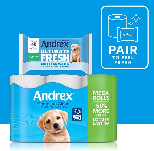 Andrex Complete Clean 12 Mega Toilet Rolls= 18 Standard Toilet Rolls, 50% Longer Lasting Paper with unique 3D Wave Texture for a Proven, Effective Clean, FSC Certified - 4