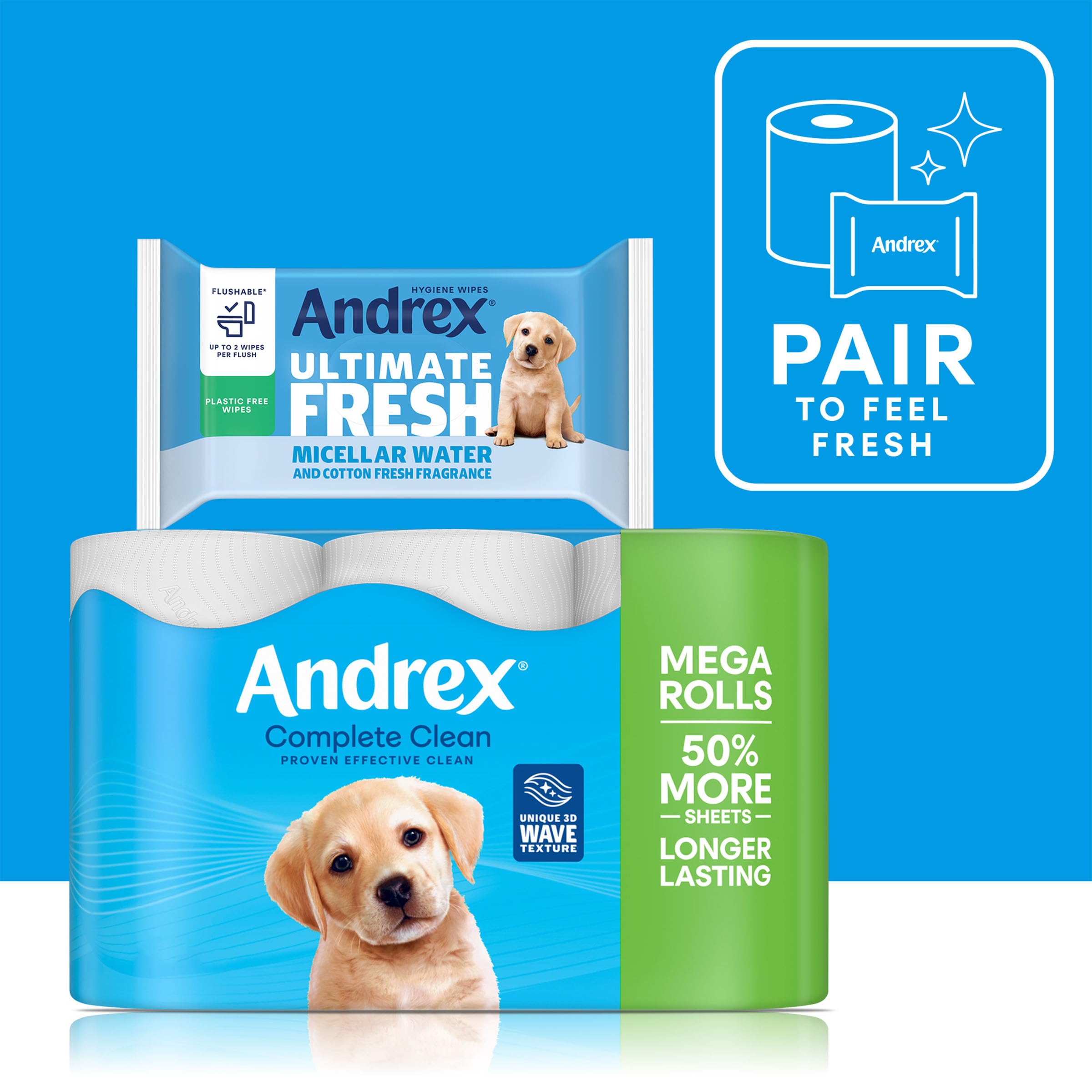Andrex Complete Clean 12 Mega Toilet Rolls= 18 Standard Toilet Rolls, 50% Longer Lasting Paper with unique 3D Wave Texture for a Proven, Effective Clean, FSC Certified - 4