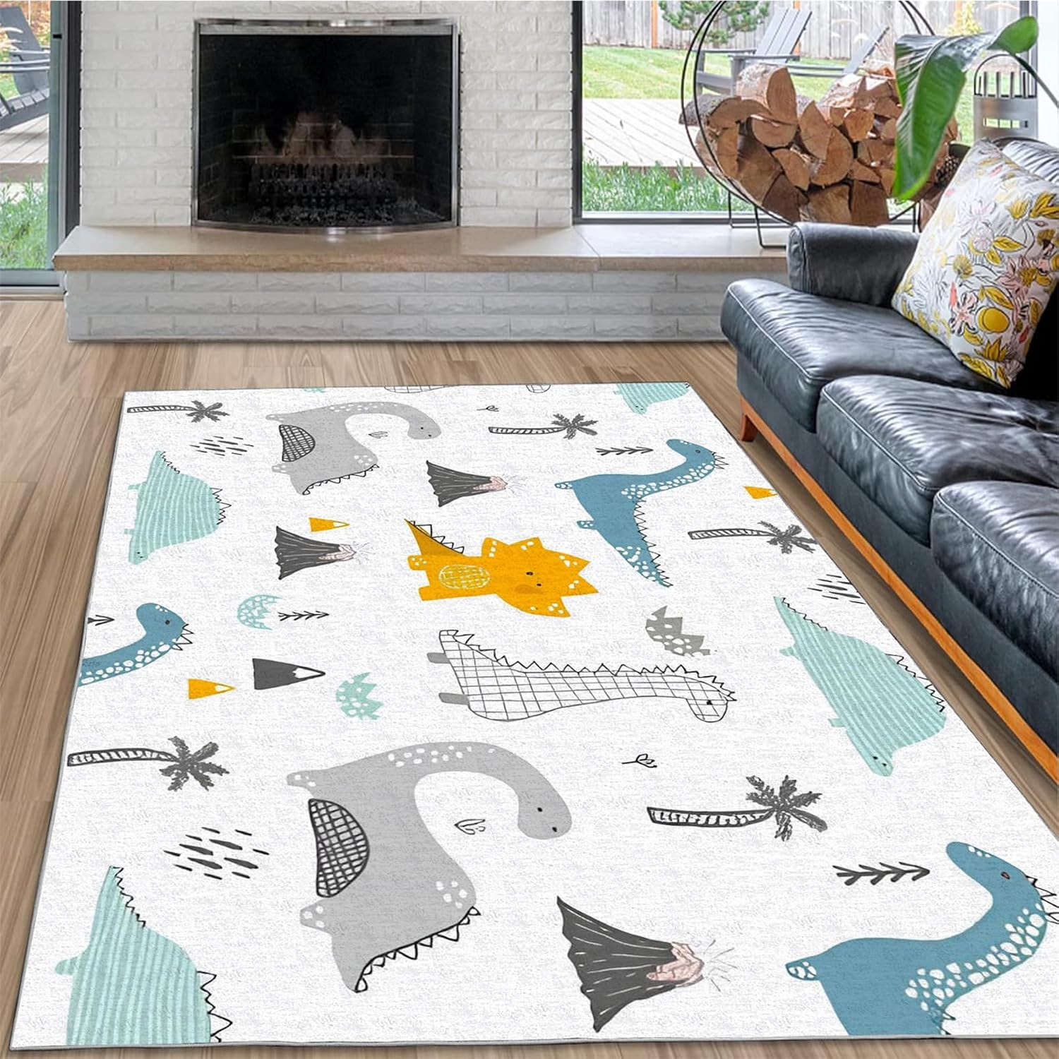 Kids Rug Dinosaurs Washable Area Rug Living Room Rugs 6x8, Stripe Boho Printe Floor Carpets for Bedroom, Low Pile Non Slip Rug Home Office Nursery Play Mat