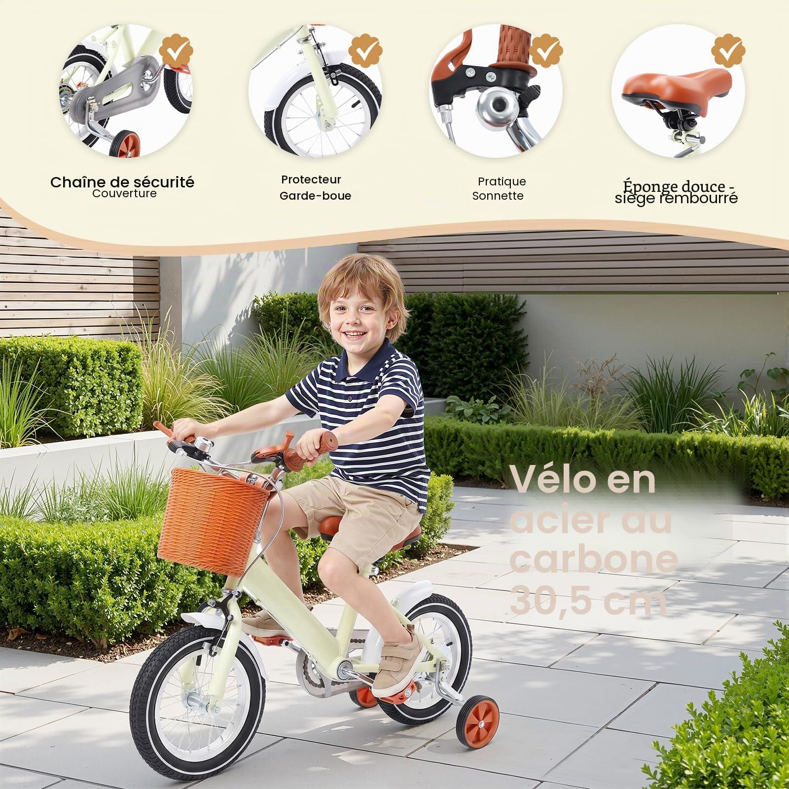 Vélo enfant 12 pouces avec panier avant roues stabilisatrices 2-4 ans hauteur réglable 60-70 cm