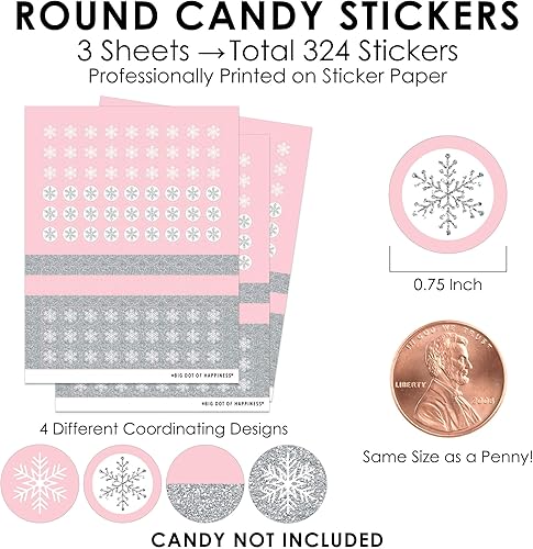 Miniatura 3 de Big Dot of Happiness Pink Winter Wonderland - Calcomanías redondas pequeñas de caramelo para fiesta de cumpleaños y baby shower, 324 unidades