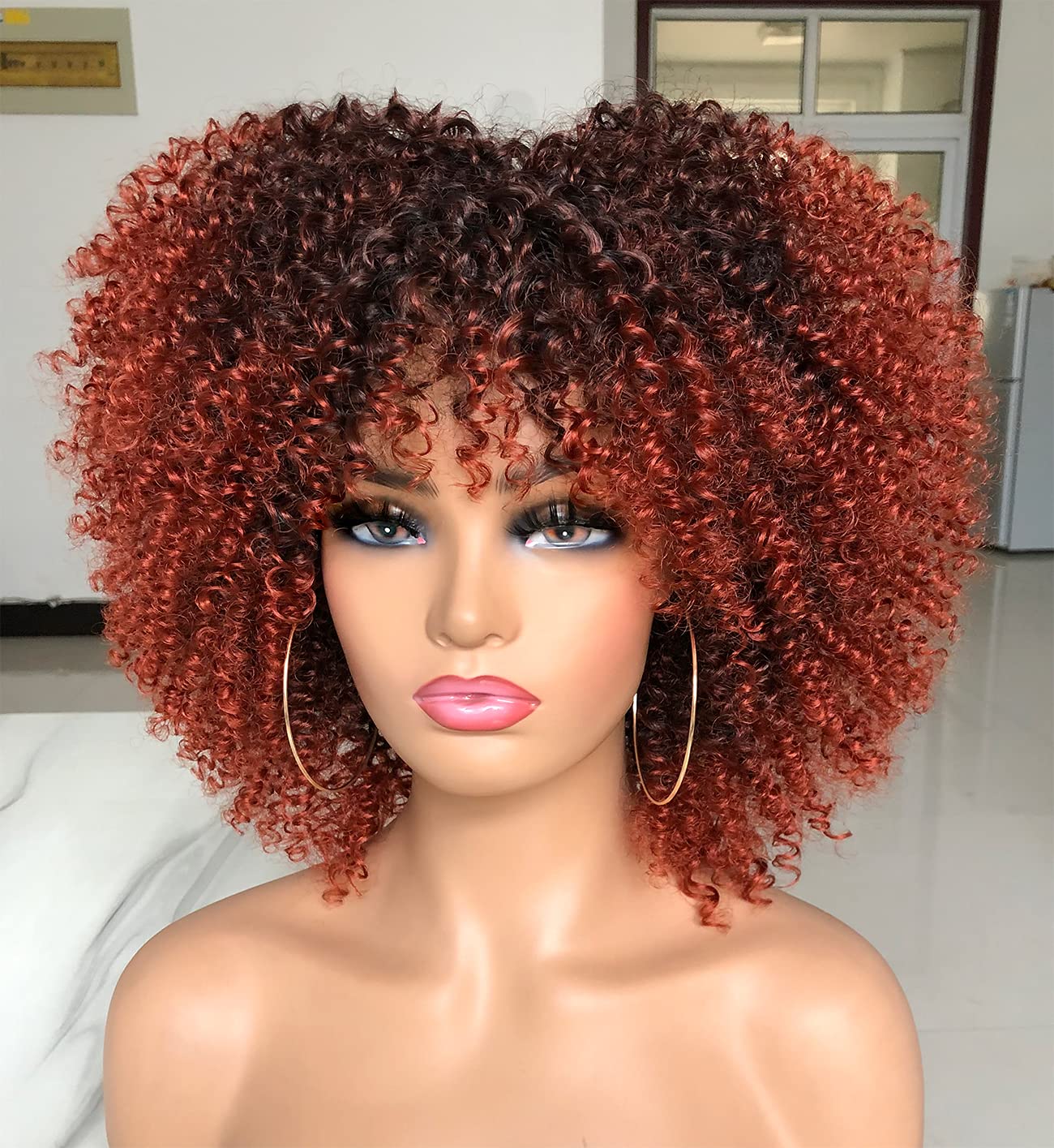 CoCrowns 10Inch Short Curly Afro Wigs with Bangs Bomb Afro Kinky Curly Wig for Black Women Synthetic Fiber Full Wig (Ombre Orange) - Image 2