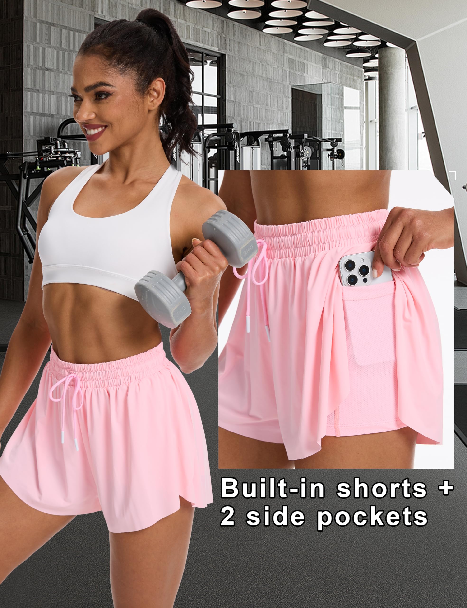 Shorts de Course pour Femme, Shorts de Sport Court 2 en 1, Short de Tennis, Gym, Fitness, Course à Pied avec 2 Poches