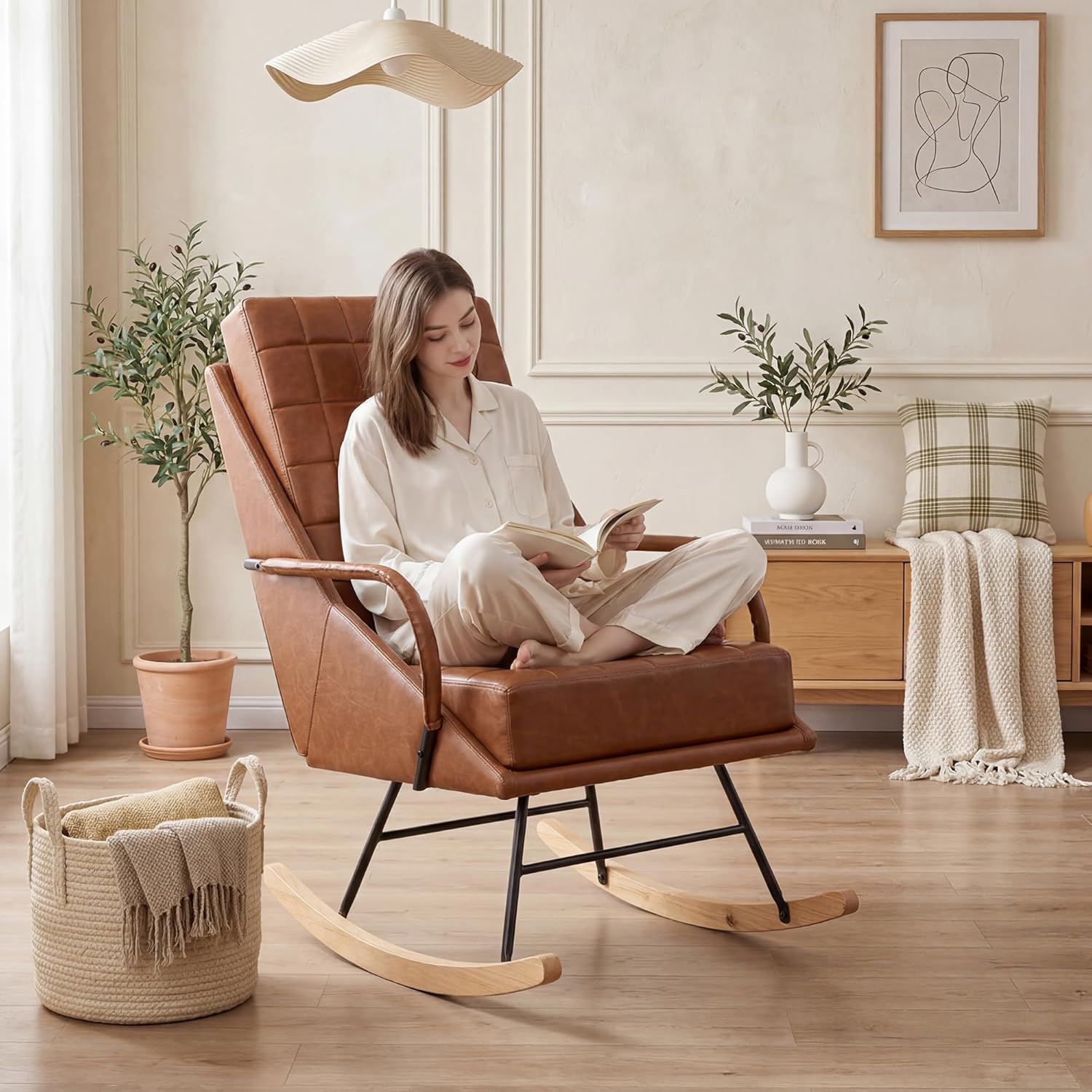 VECELO Rocking Chair Nursery, Oversized Leather Glider Rocker with Padded Cushion, Upholstered Removable High Back, Brown