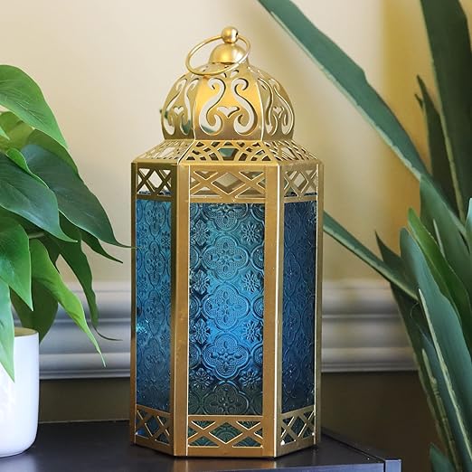 Vela Lanterns 12" Metal Moroccan Decorative Candle Lantern Holders for Hanging or Table, Indoor Home Decor, Outdoor Patio or Porch, Weddings, Gold, Blue Glass, Large